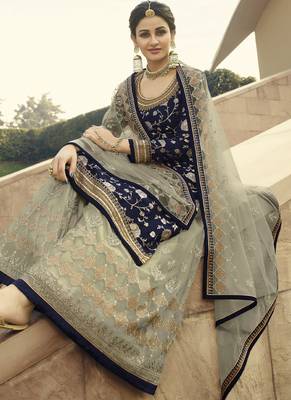 Blue and Grey Embroidered Palazzo Suit 2
