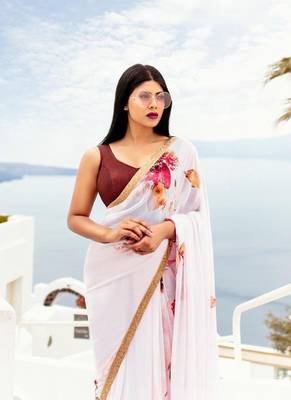 Cream japan Satin Silk Digital Printed Saree 1
