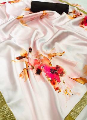 Cream japan Satin Silk Digital Printed Saree 2