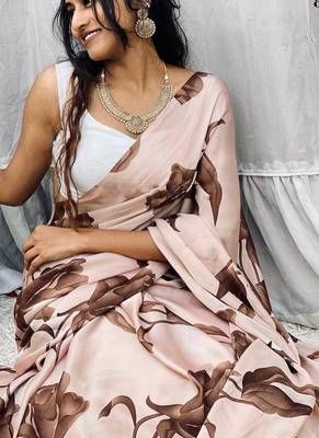 Cream Japan Satin Silk Digital Printed Saree 1