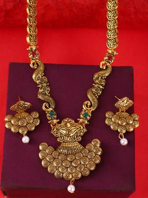 Long Alloy Antique (Oxidised) Gold Plated, Green & Red Stone  Necklace Set  For Women For Girls 1
