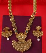Long Alloy Antique (Oxidised) Gold Plated, Green & Red Stone  Necklace Set  For Women For Girls