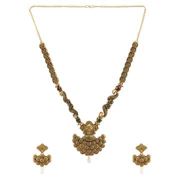 Long Alloy Antique (Oxidised) Gold Plated, Green & Red Stone  Necklace Set  For Women For Girls 4