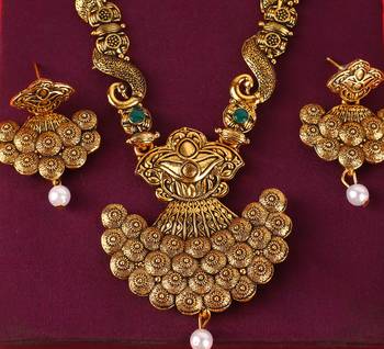 Long Alloy Antique (Oxidised) Gold Plated, Green & Red Stone  Necklace Set  For Women For Girls 5