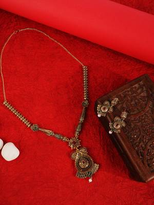 Long Alloy Antique (Oxidised) Gold Plated, Green & Red Stone  Necklace Set  For Women For Girls 1
