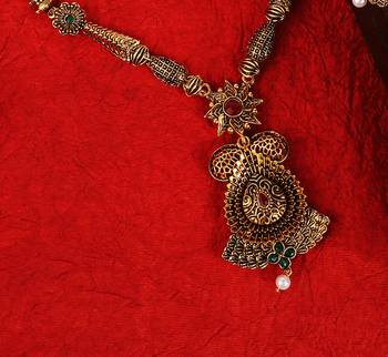 Long Alloy Antique (Oxidised) Gold Plated, Green & Red Stone  Necklace Set  For Women For Girls 2