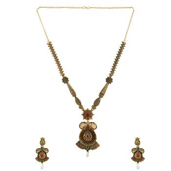 Long Alloy Antique (Oxidised) Gold Plated, Green & Red Stone  Necklace Set  For Women For Girls 3