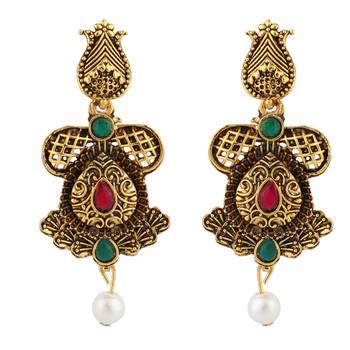 Long Alloy Antique (Oxidised) Gold Plated, Green & Red Stone  Necklace Set  For Women For Girls 4