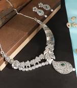 Short Hansli Alloy Silver Oxidised Plated ,Pan Shape Pendent Design, Green  Stone Necklace Set For Women & Girls