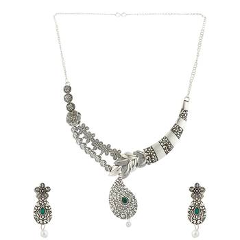Short Hansli Alloy Silver Oxidised Plated ,Pan Shape Pendent Design, Green  Stone Necklace Set For Women & Girls 3