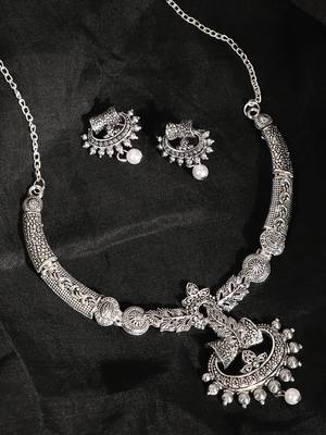 Short Hansli Alloy Silver Oxidised Plated, Oval Shape Pendent Design Necklace Set For Women & Girls 1