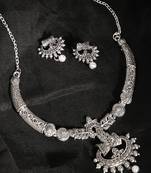 Short Hansli Alloy Silver Oxidised Plated, Oval Shape Pendent Design Necklace Set For Women & Girls