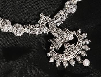 Short Hansli Alloy Silver Oxidised Plated, Oval Shape Pendent Design Necklace Set For Women & Girls 2