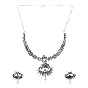 Short Hansli Alloy Silver Oxidised Plated, Oval Shape Pendent Design Necklace Set For Women & Girls 3