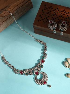 Short Hansli Alloy Silver Oxidised Plated ,Round Shape Pendent Design, Green & Red Stone Necklace Set For Women & Girls 1