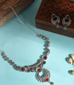 Short Hansli Alloy Silver Oxidised Plated ,Round Shape Pendent Design, Green & Red Stone Necklace Set For Women & Girls