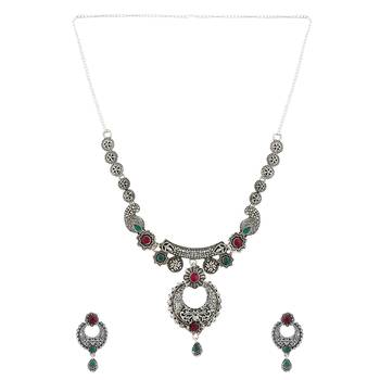 Short Hansli Alloy Silver Oxidised Plated ,Round Shape Pendent Design, Green & Red Stone Necklace Set For Women & Girls 2