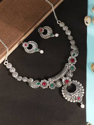 Short Hansli Alloy Silver Oxidised Plated ,Round Shape Pendent Design, Green & Red Stone Necklace Set For Women & Girls 1