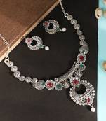 Short Hansli Alloy Silver Oxidised Plated ,Round Shape Pendent Design, Green & Red Stone Necklace Set For Women & Girls