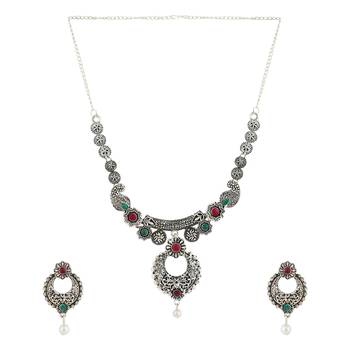 Short Hansli Alloy Silver Oxidised Plated ,Round Shape Pendent Design, Green & Red Stone Necklace Set For Women & Girls 3