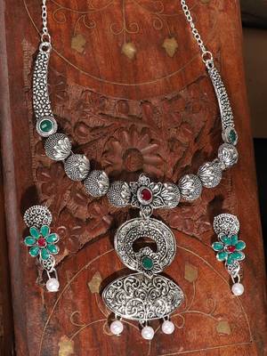 Short Hansli Alloy Silver Oxidised Plated ,Oval Shape Pendent Design, Green & Red Stone Necklace Set For Women & Girls 1