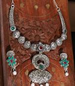 Short Hansli Alloy Silver Oxidised Plated ,Oval Shape Pendent Design, Green & Red Stone Necklace Set For Women & Girls