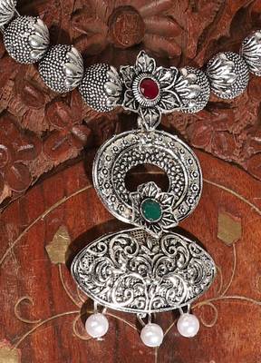Short Hansli Alloy Silver Oxidised Plated ,Oval Shape Pendent Design, Green & Red Stone Necklace Set For Women & Girls 2