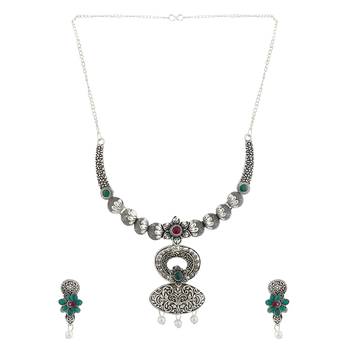 Short Hansli Alloy Silver Oxidised Plated ,Oval Shape Pendent Design, Green & Red Stone Necklace Set For Women & Girls 3