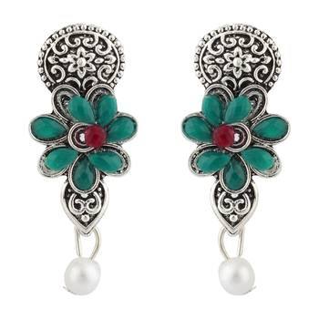 Short Hansli Alloy Silver Oxidised Plated ,Oval Shape Pendent Design, Green & Red Stone Necklace Set For Women & Girls 4