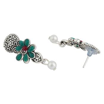 Short Hansli Alloy Silver Oxidised Plated ,Oval Shape Pendent Design, Green & Red Stone Necklace Set For Women & Girls 5