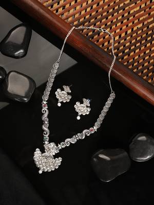 Long Alloy Antique (Oxidised) Silver Plated  White Pearl, Green & Red Stone  Necklace Set  For Women For Girls 1