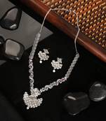 Long Alloy Antique (Oxidised) Silver Plated  White Pearl, Green & Red Stone  Necklace Set  For Women For Girls