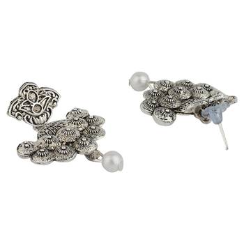 Long Alloy Antique (Oxidised) Silver Plated  White Pearl, Green & Red Stone  Necklace Set  For Women For Girls 3