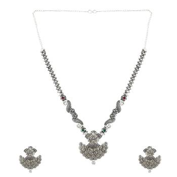 Long Alloy Antique (Oxidised) Silver Plated  White Pearl, Green & Red Stone  Necklace Set  For Women For Girls 4