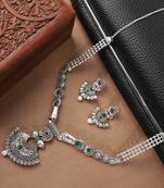 Long Alloy Antique (Oxidised) Silver Plated  White Pearl, Green & Red Stone  Necklace Set  For Women For Girls