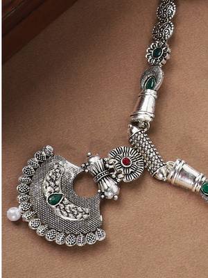 Long Alloy Antique (Oxidised) Silver Plated  White Pearl, Green & Red Stone  Necklace Set  For Women For Girls 2