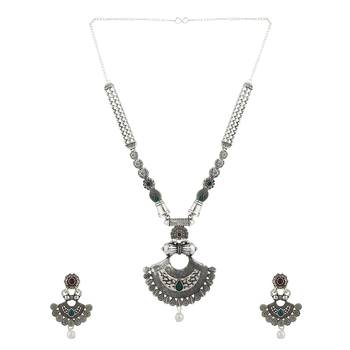 Long Alloy Antique (Oxidised) Silver Plated  White Pearl, Green & Red Stone  Necklace Set  For Women For Girls 3