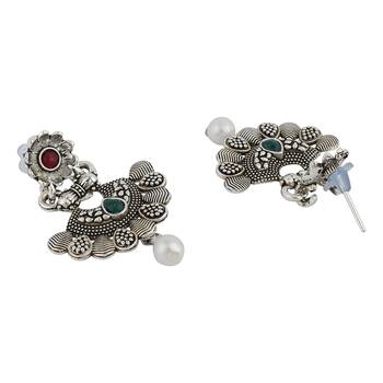 Long Alloy Antique (Oxidised) Silver Plated  White Pearl, Green & Red Stone  Necklace Set  For Women For Girls 4
