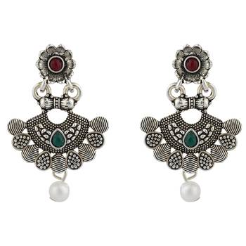 Long Alloy Antique (Oxidised) Silver Plated  White Pearl, Green & Red Stone  Necklace Set  For Women For Girls 5