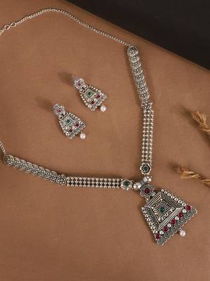 Long Alloy Antique (Oxidised) Silver Plated  White Pearl, Green & Red Stone  Necklace Set  For Women For Girls 1