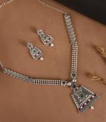 Long Alloy Antique (Oxidised) Silver Plated  White Pearl, Green & Red Stone  Necklace Set  For Women For Girls