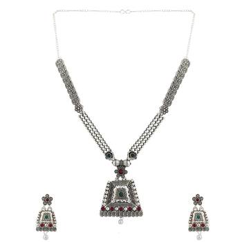 Long Alloy Antique (Oxidised) Silver Plated  White Pearl, Green & Red Stone  Necklace Set  For Women For Girls 2