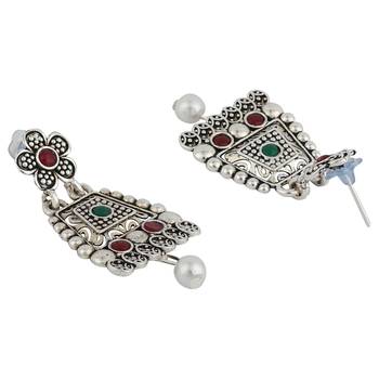 Long Alloy Antique (Oxidised) Silver Plated  White Pearl, Green & Red Stone  Necklace Set  For Women For Girls 3