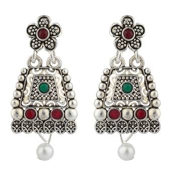Long Alloy Antique (Oxidised) Silver Plated  White Pearl, Green & Red Stone  Necklace Set  For Women For Girls 4