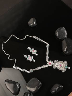 Long Alloy Antique (Oxidised) Silver Plated  White Pearl, Green & Red Stone  Necklace Set  For Women For Girls 1