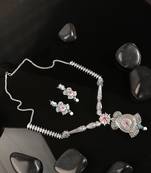 Long Alloy Antique (Oxidised) Silver Plated  White Pearl, Green & Red Stone  Necklace Set  For Women For Girls