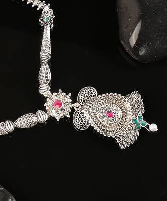 Long Alloy Antique (Oxidised) Silver Plated  White Pearl, Green & Red Stone  Necklace Set  For Women For Girls 2