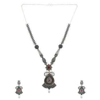 Long Alloy Antique (Oxidised) Silver Plated  White Pearl, Green & Red Stone  Necklace Set  For Women For Girls 3