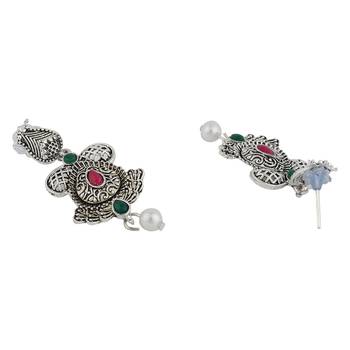 Long Alloy Antique (Oxidised) Silver Plated  White Pearl, Green & Red Stone  Necklace Set  For Women For Girls 4