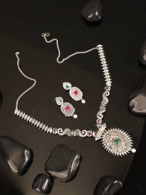Long Alloy Antique (Oxidised) Silver Plated  White Pearl, Green & Red Stone  Necklace Set  For Women For Girls 1